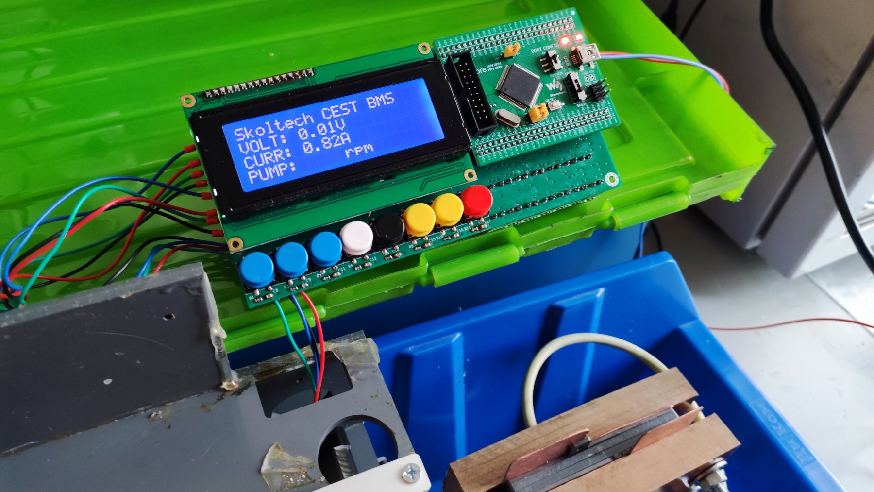 Flow-battery control board with stepper-motor pumps in operation