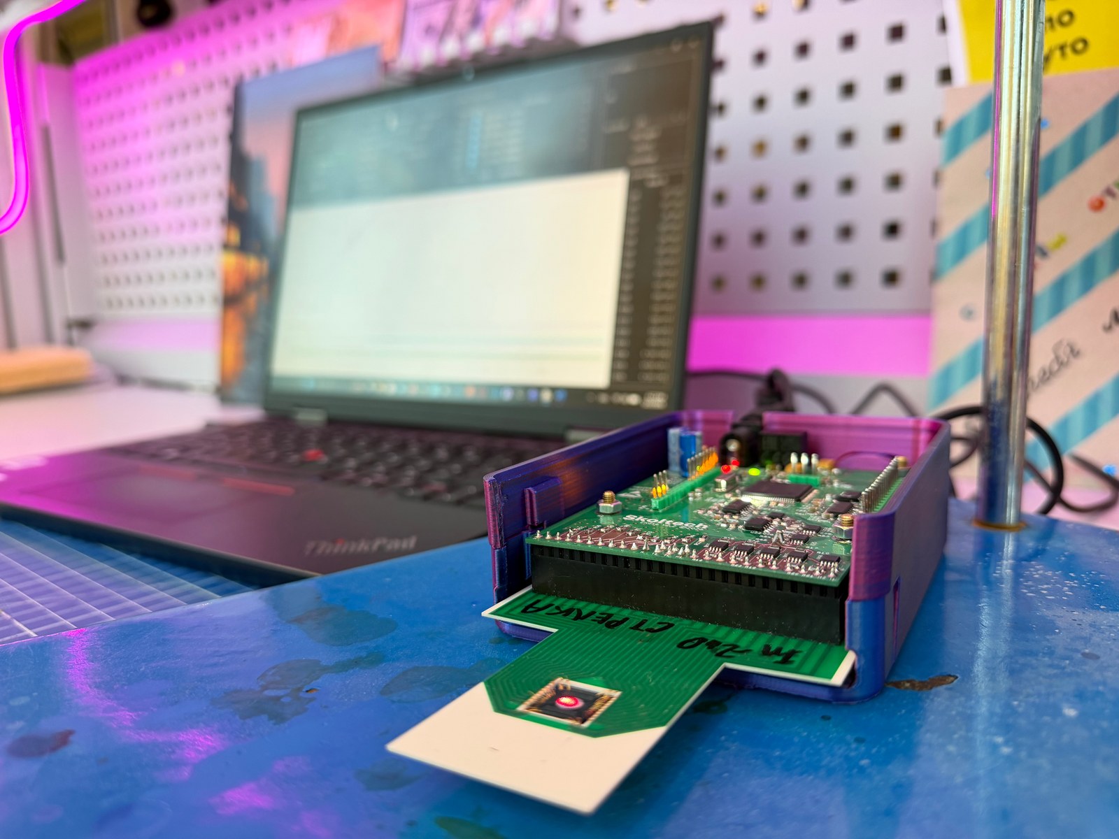 Multi-channel electronic-nose measurement board (E-nose), general view with a PC utility for setup and data acquisition in the background